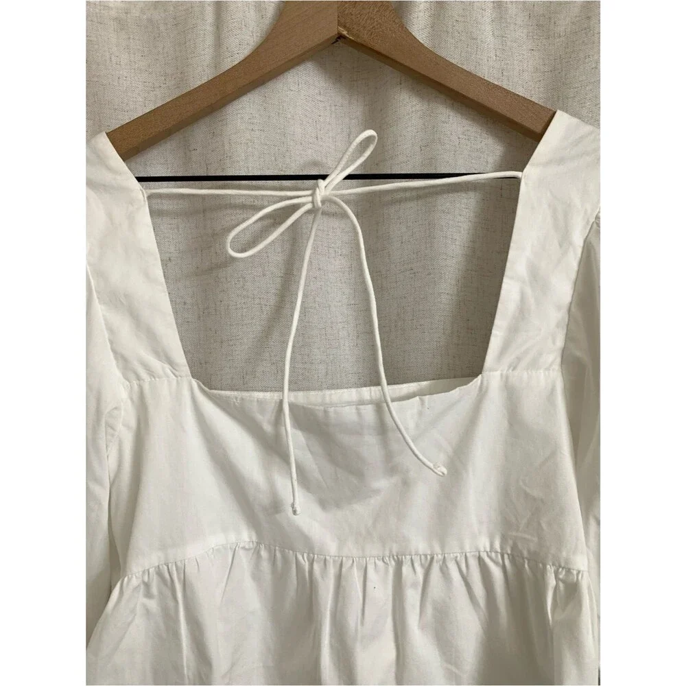 Abercrombie & Fitch Cotton Square-Neck Peplum Poplin Puff Sleeve Top White Med